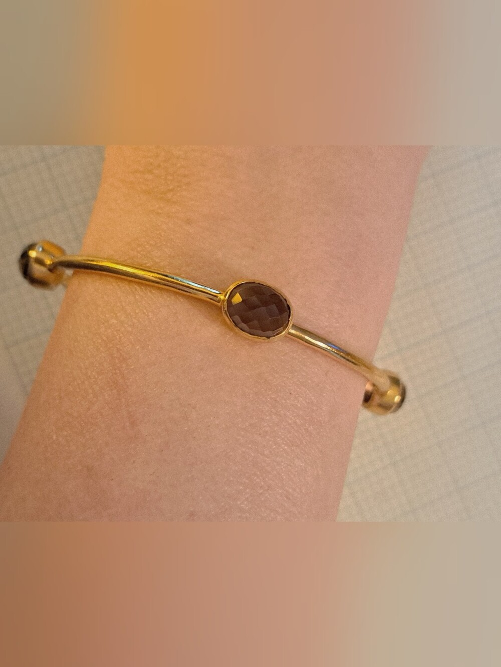 JM Gold Tone Bangle Bracelet with Smoky Quartz Faceted Brown Faceted Gem